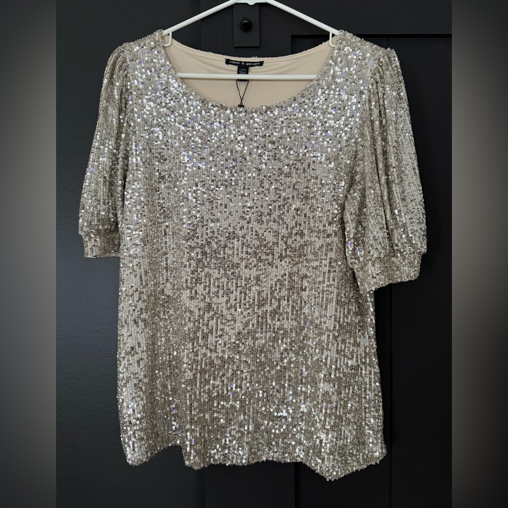 Cable & Gauge Sparkling Silver Sequin Blouse